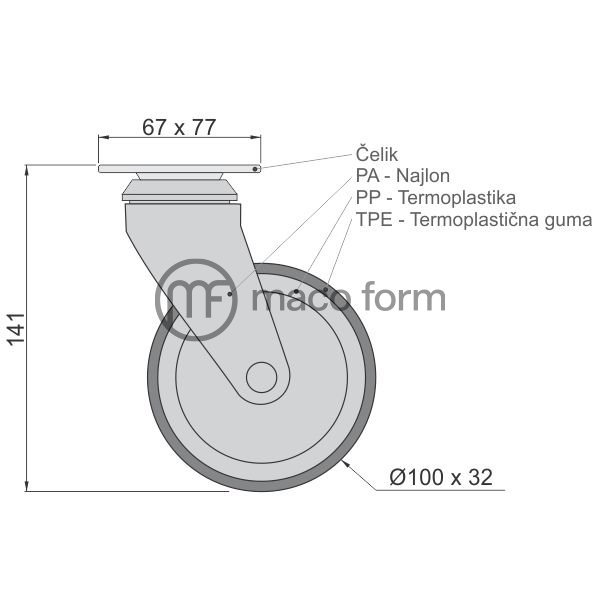 Tockic SILVER fi100 mm sa plocicom, TPR guma - Tehnicki podaci
