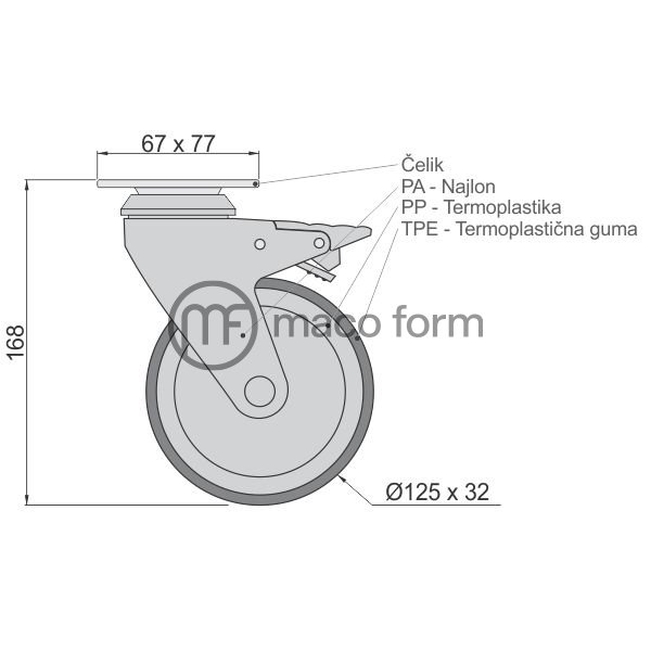 Tockic SILVER fi125 mm sa plocicom i kocnicom, TPR guma - Tehnicki podaci