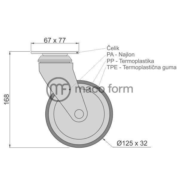 Tockic SILVER fi125 mm sa plocicom, TPR guma - Tehnicki podaci