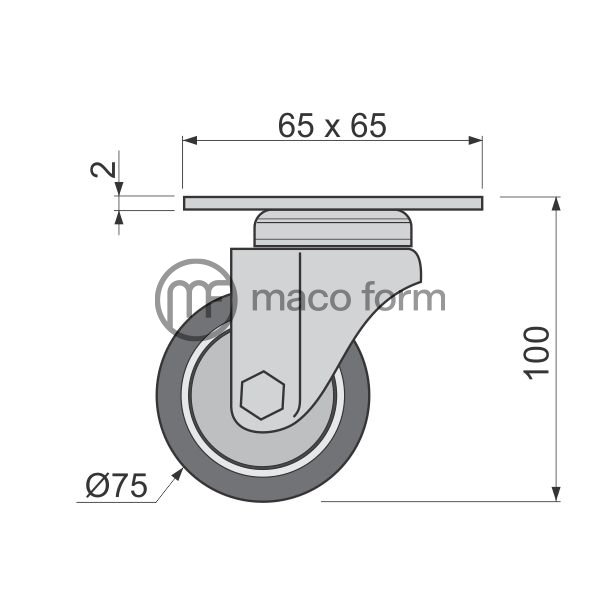 Tockic viljuskasti fi75 mm sa plocicom, siva guma - tehnicki podaci